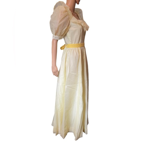 Vintage 70s Yellow Raised Dot Cottagecore Prairie Ruffle Formal Party Maxi Dress - Picture 4 of 6